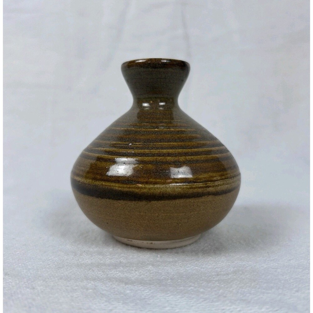 Vintage Studio Art Pottery Mini Bud Vase Brown Gold Glazed Signed 4”